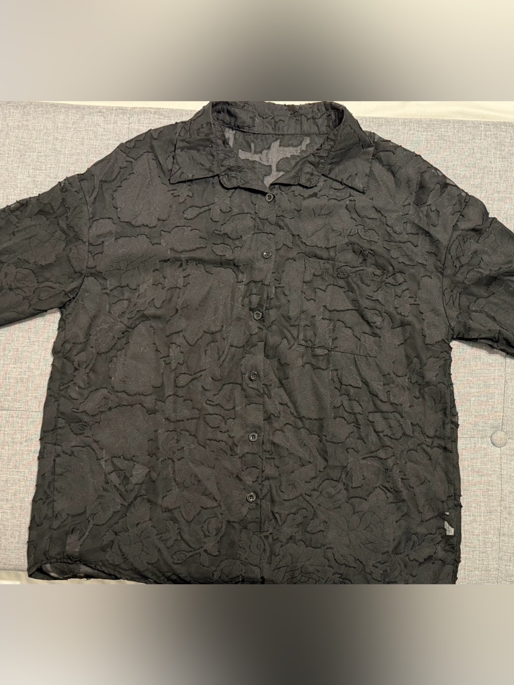 Black Textured Long-Sleeve Button-Up Shirt